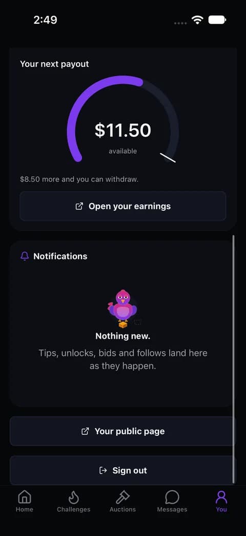 A creator's account: wallet and earnings (local seed, Elena)